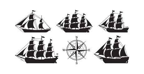 Collection of Antique Sailing Vessel Silhouettes with Compass Rose © MD ABDUL HAMID