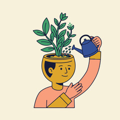 Person Watering Plant Growing in Head for Mental Health Growth Concept © Bayani