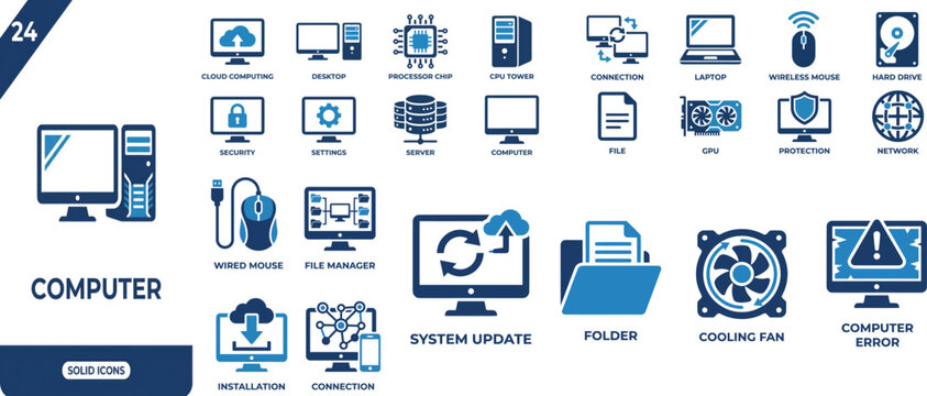 Computer Hardware and Cloud Technology Flat Vector Icons Set with Server Processor and Security