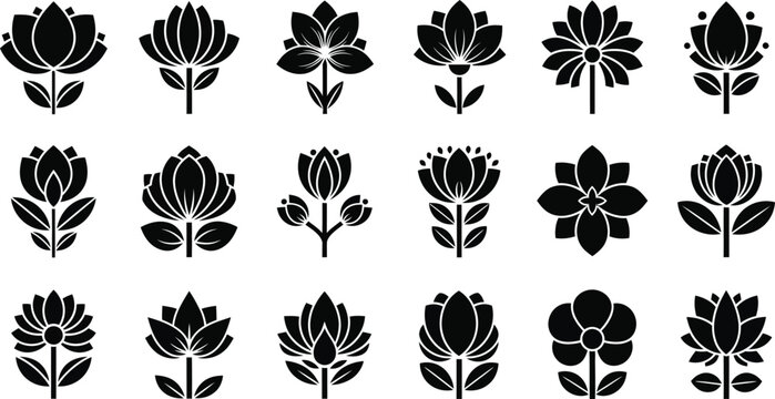 Black floral silhouettes, 16 flower on white background, flowers