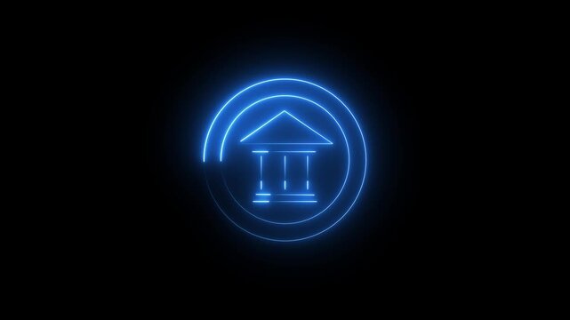Glowing neon blue bank icon animation. virtual finance structure light motion, digital banking logo animation.glowing architecture finance symbol. 4k video..