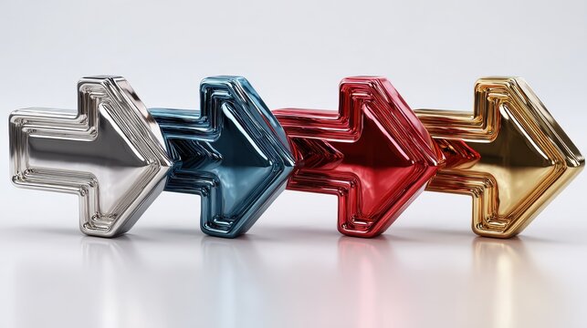 Silver, red, blue and gold right-arrow button set with a reflective finish for modern UI design