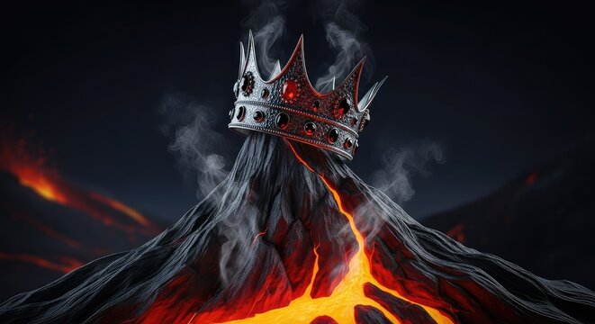Majestic crown rests on jagged igneous rock amidst rising smoke and glowing embers, symbolizing fierce dominance and absolute fiery power, kingdom, red, lava