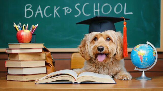 Cute Cockapoo Dog Wearing Graduation Cap Sitting at School Desk with Books and Globe in Front of Chalkboard