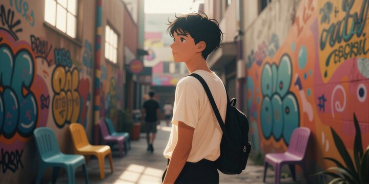 A stylized young male character stands in a vibrant urban alleyway surrounded by cartoon-style graffiti art, his black backpack slung over his shoulder as he gazes out at the