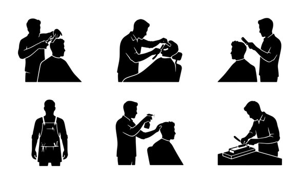 Barber Shop Icons Set, Hairdresser Service Silhouettes, Men's Grooming Vector Graphics, Professional Haircut Illustrations
