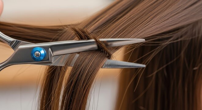 Sharp professional salon scissors precisely trimming tiny damaged split ends from smooth long brown hair strands during a dusting session, close-up, hair, care