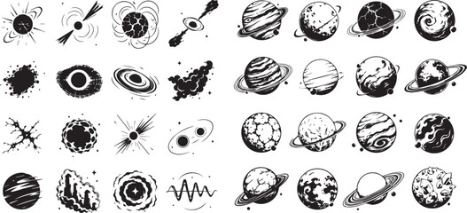 Black and white planet icons, solar system symbols, astronomy illustrations, space graphics © Ankon Bhattachrjee