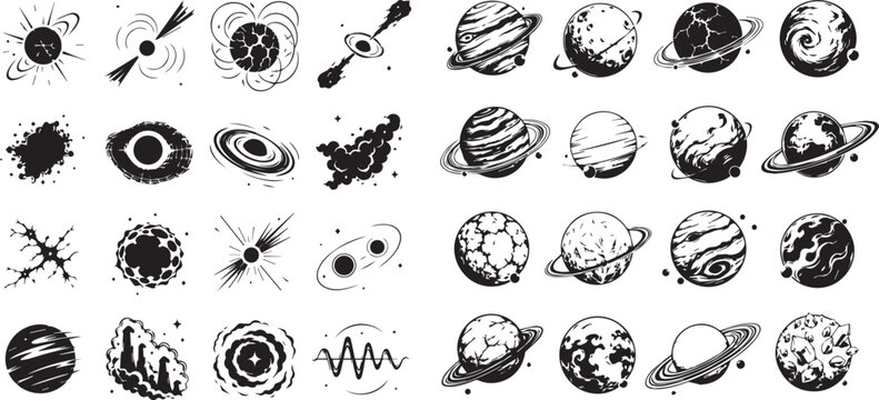 Black and white planet icons, solar system symbols, astronomy illustrations, space graphics