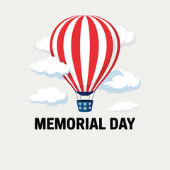 Fototapeta premium Patriotic hot air balloon featuring red and white stripes with star patterned basket floating among white clouds for memorial day celebration graphic illustration