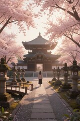 Fototapeta premium A woman walks towards a traditional Japanese pagoda in a serene garden filled with cherry blossom trees and stone lanterns during golden hour.
