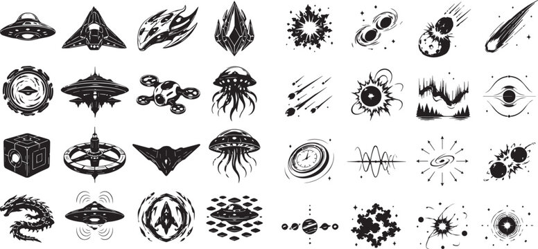 Alien, UFO, Space Icons, Vector Set of 32 Black business icons