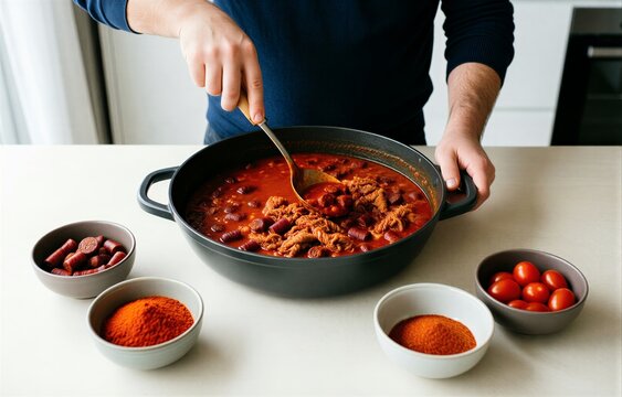 Callos a la Madrilena preparation with man stirring pot of tripe stew with chorizo paprika tomatoes. Concept of modern kitchen scene with culinary focus and vibrant colors.