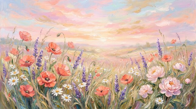 Impressionist Oil Painting of Poppy Meadow at Sunset