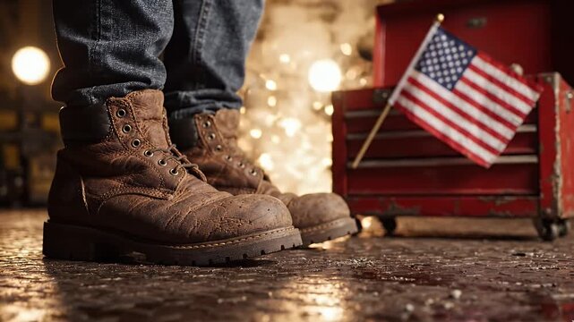 Worn boots and an American flag near a toolbox on a workshop floor, embodying hard work and patriotism, celebrating the 4th of July