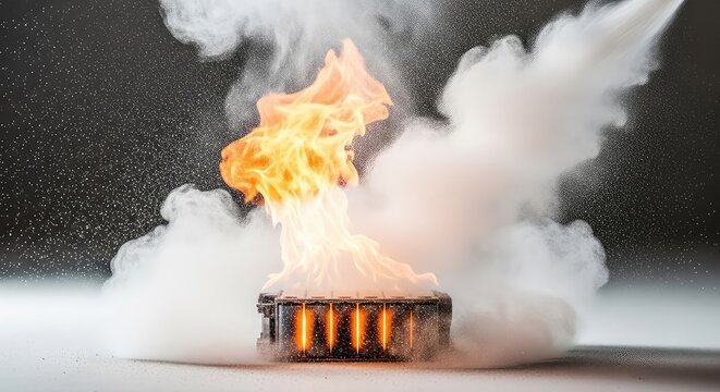 White fire suppressant powder sprays onto a glowing lithium ion battery pack emitting thick smoke and orange flames in a safety test, active, lithium, industrial