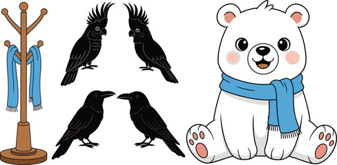 Cute Polar Bear with Scarf, Black Crow and Cockatoo Bird Silhouettes, and Wooden Coat Rack Stand Vector Illustration Set for Winter Designs © Mohammad