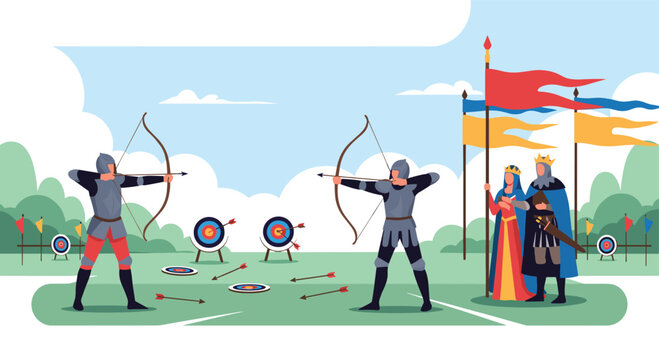 Medieval archery tournament showing knights in armor shooting arrows at targets while a king and queen observe the competition.