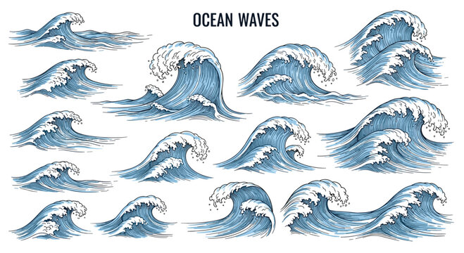Collection of diverse hand drawn ocean waves in a vintage blue engraving style perfect for maritime and coastal designs.