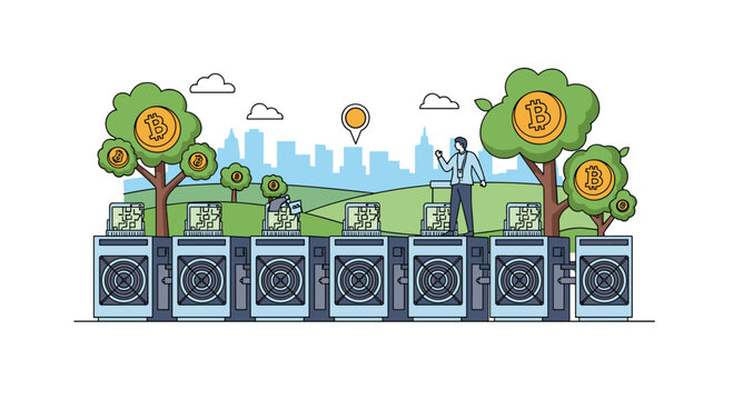 Modern cryptocurrency mining farm features rows of cooling fans and bitcoin trees in a green park with a city skyline background.