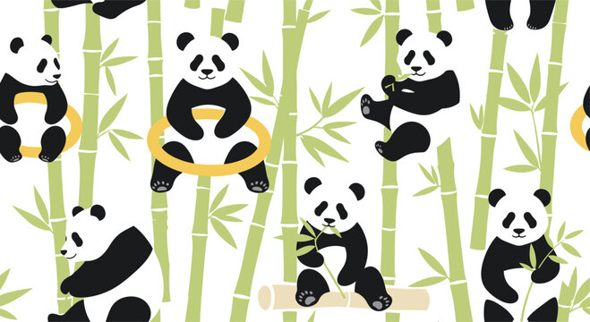 Seamless pattern of cute pandas playing and eating bamboo stalks creates a fun and adorable texture for children's designs.