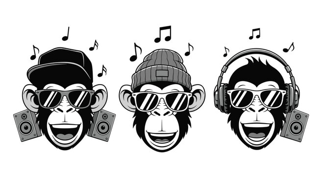 Three cool monkeys wearing sunglasses, hats, and headphones with musical notes and speakers in a black and white graphic style.