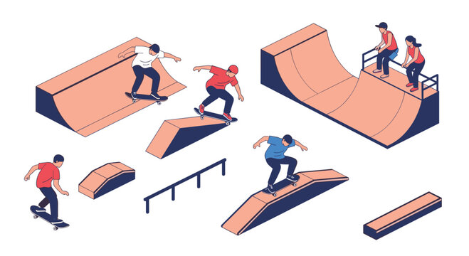People performing athletic skateboard tricks and stunts at an urban skatepark with various ramps, rails, and half-pipes.