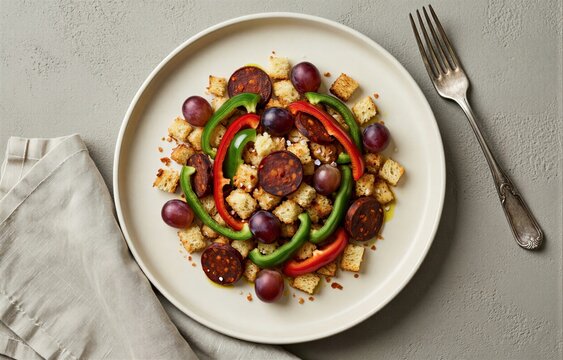 Plate of Migas with crispy breadcrumbs, garlic, chorizo, vibrant red and green peppers, dark purple grapes. Concept of colorful, appetizing meal showcasing ingredients. 