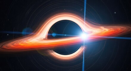 Obraz premium A massive gravitational singularity warps space and light in the deep cosmos, with a brilliant distant star glowing through the dark void, astrophysics, event horizon, astronomy