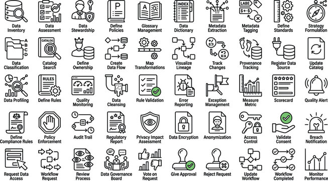 Data governance outline icon collection with metadata management compliance privacy and workflow approval symbols for app design