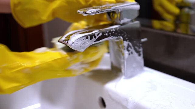 Hands in yellow gloves apply detergent on sponge and clean sink and faucet. Concept of home cleaning, hygiene, disinfection, housekeeping and household chores. 