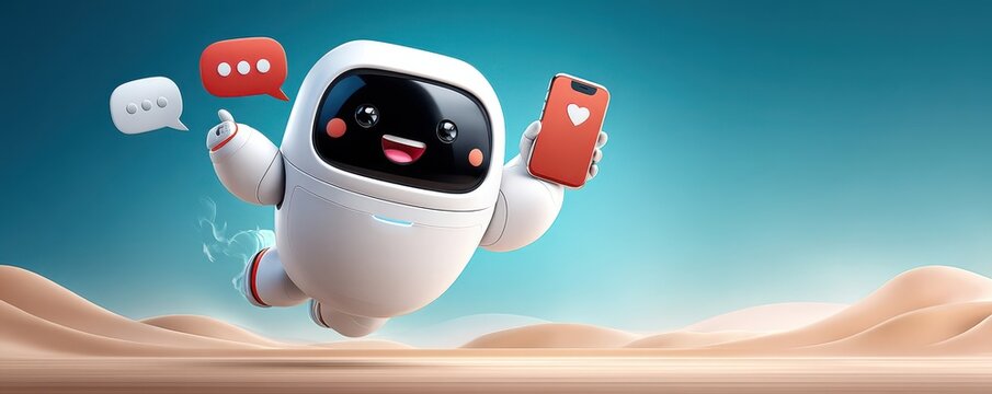 Cute white robot floating with smartphone and chat icons conveying friendly AI communication in desert