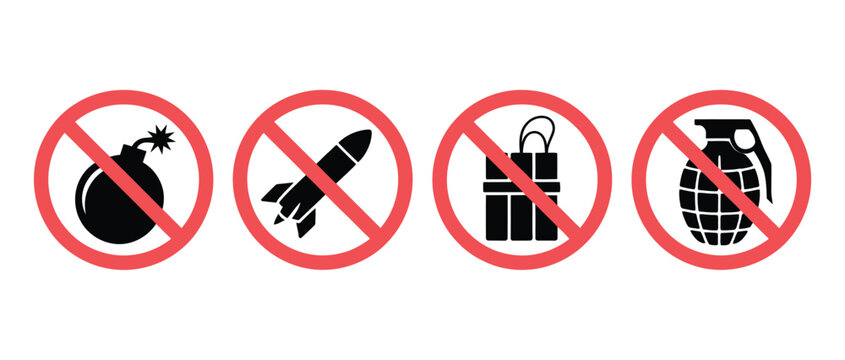 No bomb, no missile, no dynamite, and no grenade prohibition sign icon set for safety warning vector illustration.