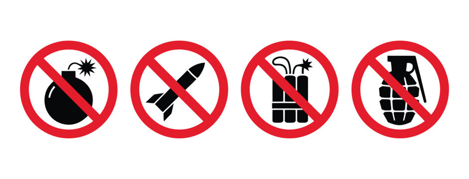 Prohibited weapons icon set with no bomb, missile, dynamite, and grenade ban symbols for safety signs.