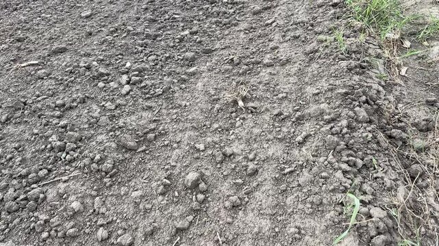 Slow cinematic movement over plowed field with gray soil texture in Ukraine