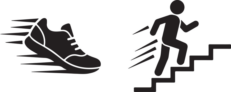 Black icons of running shoe and person climbing stairs fast
