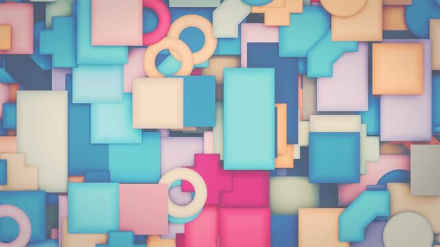 Geometric background of different colorful objects. Repeating 3d animation. 