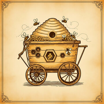 Vintage hand drawn illustration of a traditional bee hive skep on a wooden cart with swarming honeybees illustration honeycomb agriculture beekeeping swarming traditional honeybee