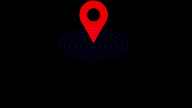 Animated red map location pin with pulsing blue concentric circles signal wave effect isolated on black background, for navigation, gps, tracking, digital mapping, and geolocation technology