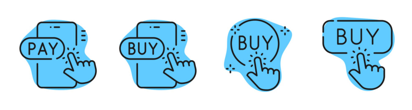 Mobile buy and pay button icons showing tap interaction. Editable stroke