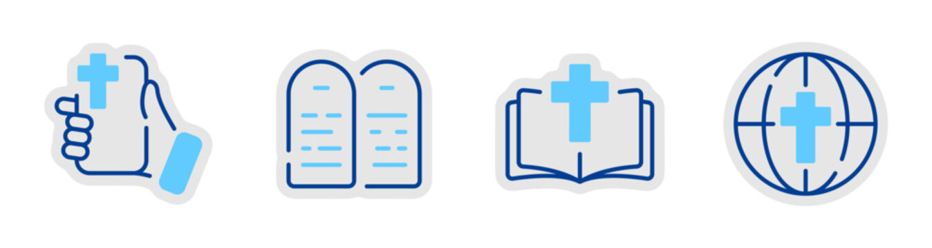 Christian religious icons showing bible tablets cross and globe. Editable stroke