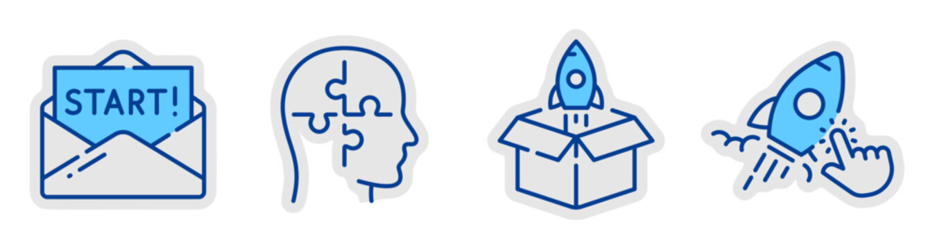 Startup icons showing idea testing packaging and launch. Editable stroke
