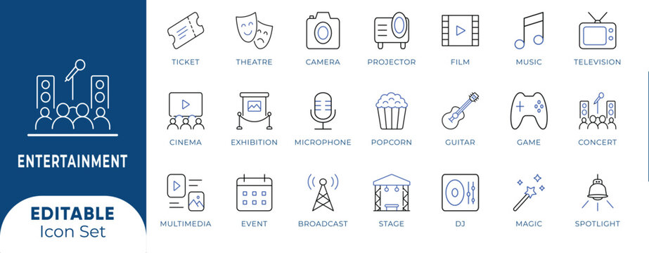 Entertainment Cinema Film Theatre Media Icon Set - editable vectors for live concert, television broadcast, and stage event show.
