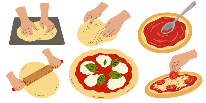 Step by step process of making pizza. Hand drawn illustration showing dough kneading, stretching, adding toppings and the final baked pizza. Vector illustration in cartoon style