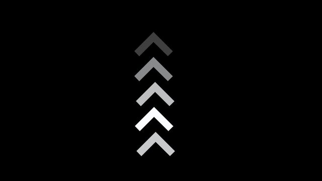 Minimalist abstract loading animation featuring pulsing chevron arrows in vertical alignment with smooth grayscale gradient transitions for modern digital user interface and tech presentations