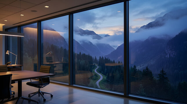 Office space with large showing a vast misty mountain range at twilight