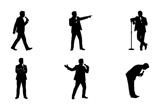Six Silhouette Speaker Icons, Presenter Poses, Public Speaking Vector Set, Business Presentation Graphics, Performance Art, Microphone User