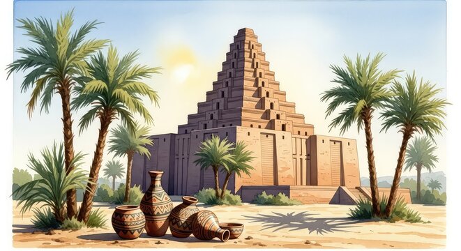 Artistic drawing of an ancient stepped temple tower in a desert landscape featuring palm trees and pottery under a soft watercolor wash, clay, sky, pottery