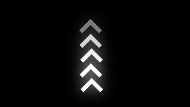 Minimalist animated loading indicator featuring pulsing glowing white chevron arrows moving upwards in a seamless vertical loop on a deep black background, for modern digital, user interface