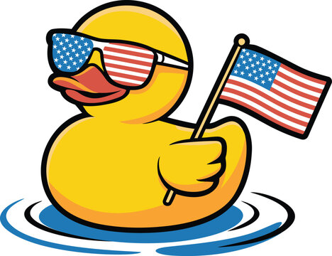 A cartoon yellow rubber duck wearing american flag sunglasses and holding a small american flag while floating in water isolated transparent background